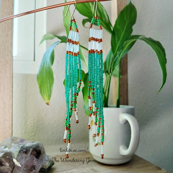 Beaded Fringe Dangle Earrings, Seed Bead Earrings, Boho Chic Statement Jewelry - Picture 9 of 10